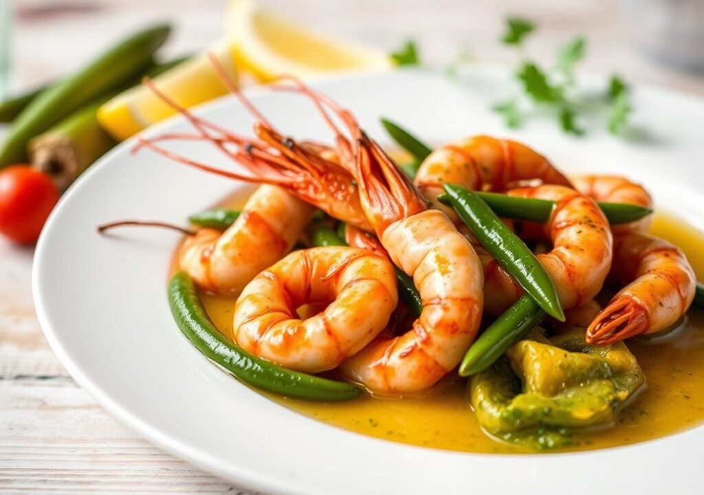 Gamba’s met groene asperges en pepersaus, AI-gegenereerde illustratie