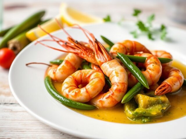 Gamba’s met groene asperges en pepersaus — AI-gegenereerde illustratie