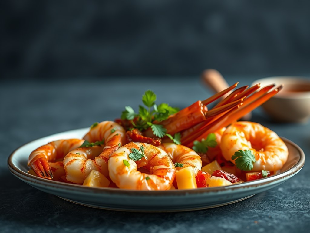 Gambasalada met een Chilidressing, AI-gegenereerde illustratie