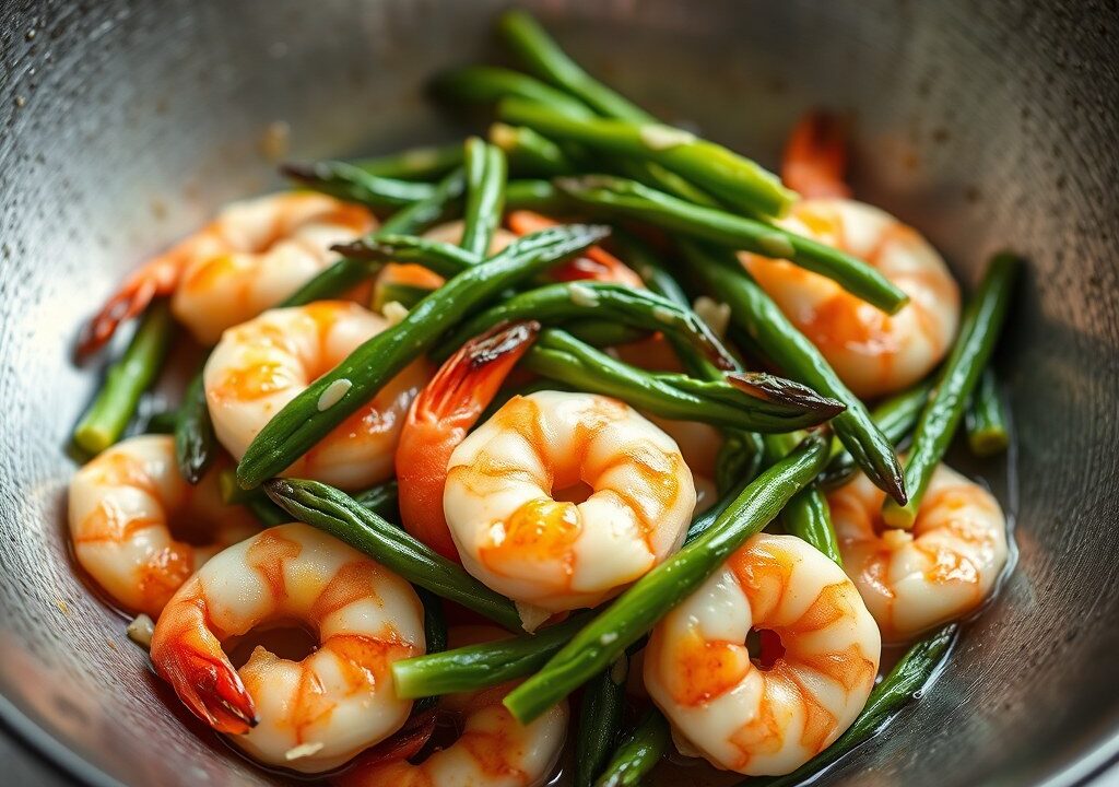 Garnalen en Groene Asperges uit de Wok — AI-gegenereerde illustratie