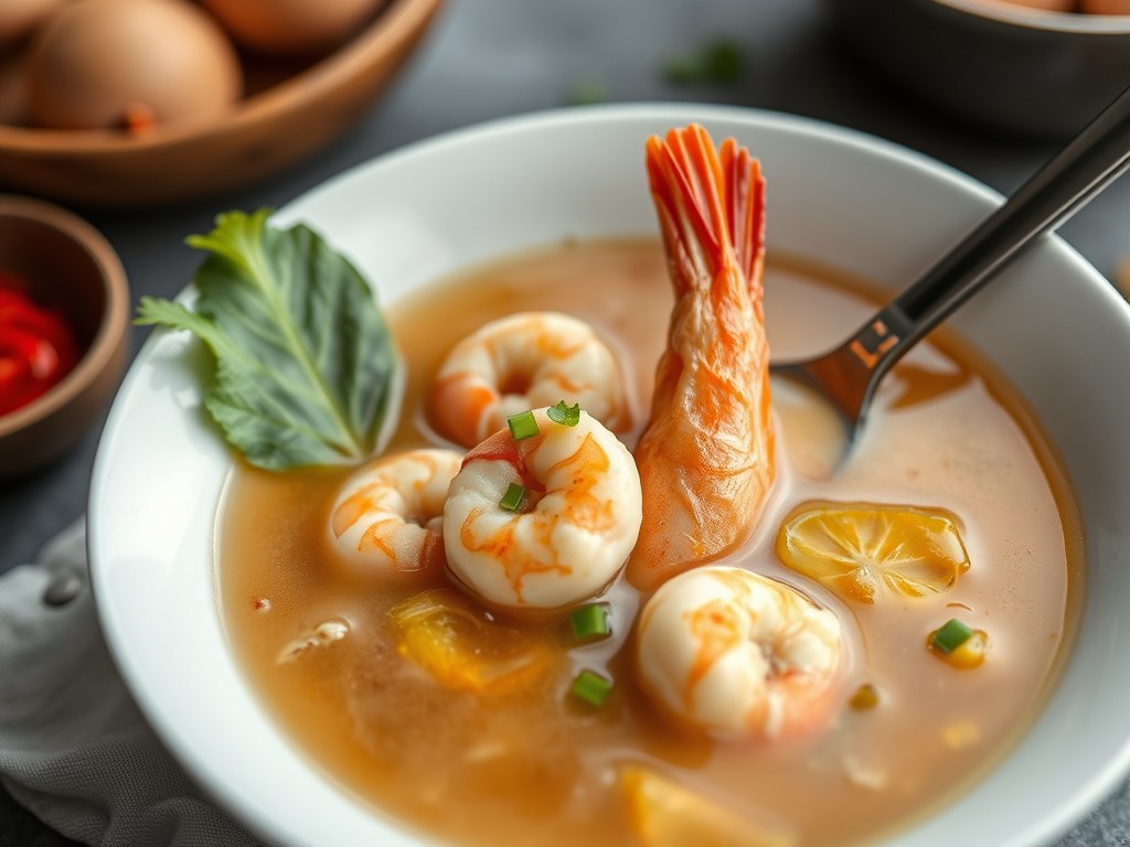 Garnalen Kippensoep uit Thailand, AI-gegenereerde illustratie