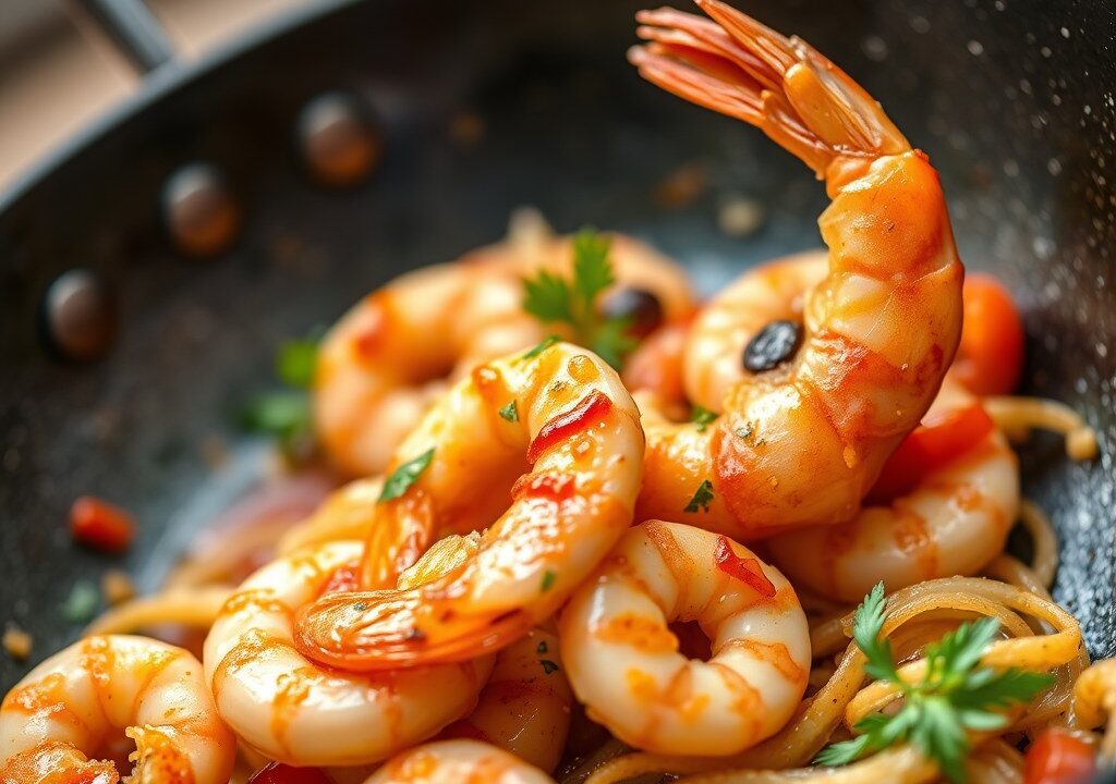 Garnalen met knoflook en chilipeper — AI-gegenereerde illustratie