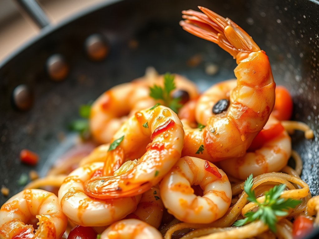 Garnalen met knoflook en chilipeper, AI-gegenereerde illustratie