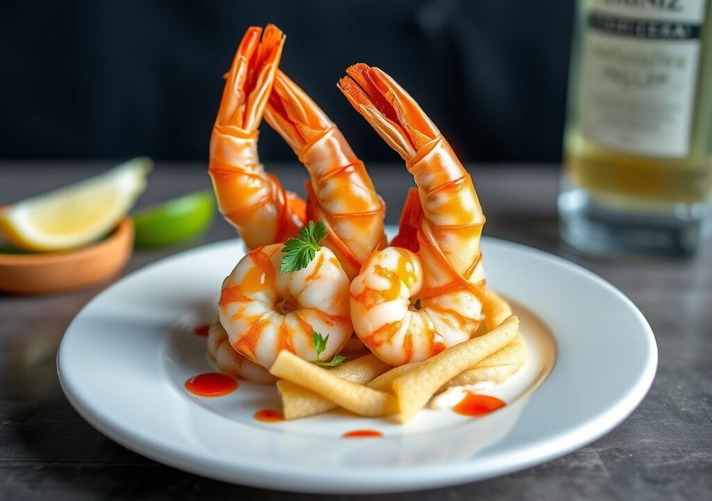 Garnalen uit Vermouth met Ketchup-Gember Dipsaus, AI-gegenereerde illustratie