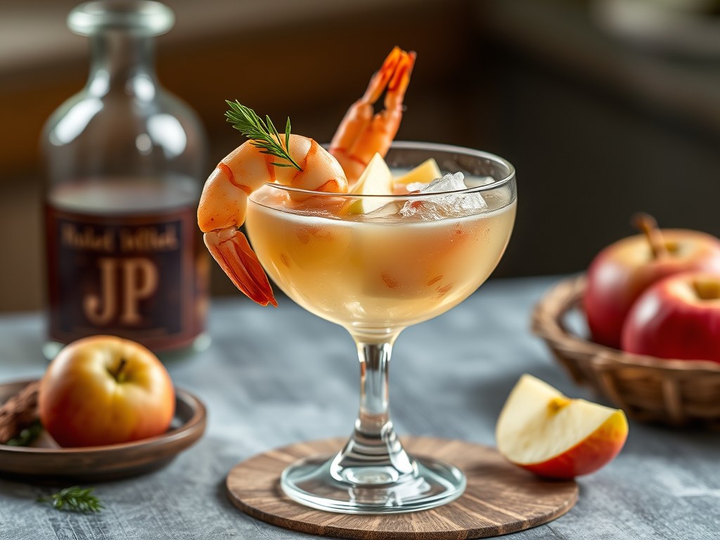 Garnalencocktail met appel, AI-gegenereerde illustratie