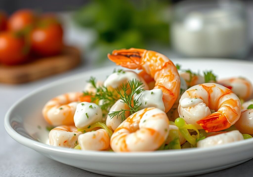 Garnalensalade met dilleroom en peultjes — AI-gegenereerde illustratie