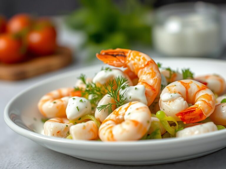 Garnalensalade met dilleroom en peultjes — AI-gegenereerde illustratie