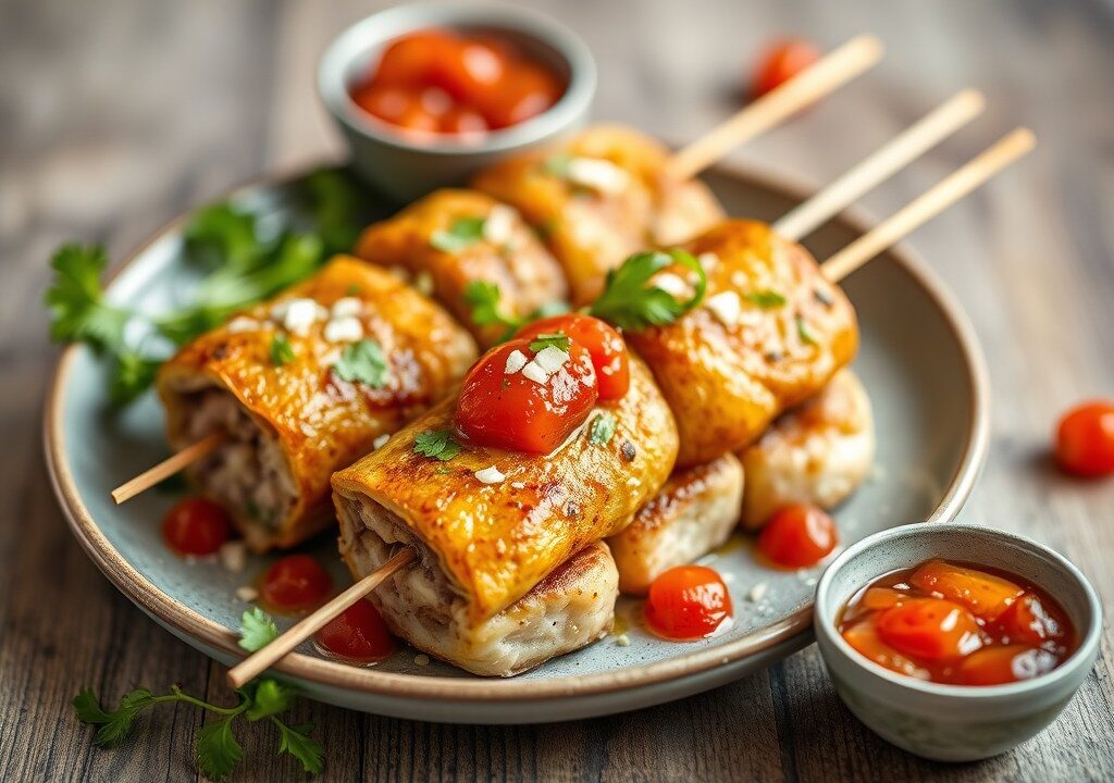 Garnalenspies met Visbrochettes en Salsa Pikante — AI-gegenereerde illustratie
