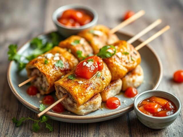 Garnalenspies met Visbrochettes en Salsa Pikante — AI-gegenereerde illustratie