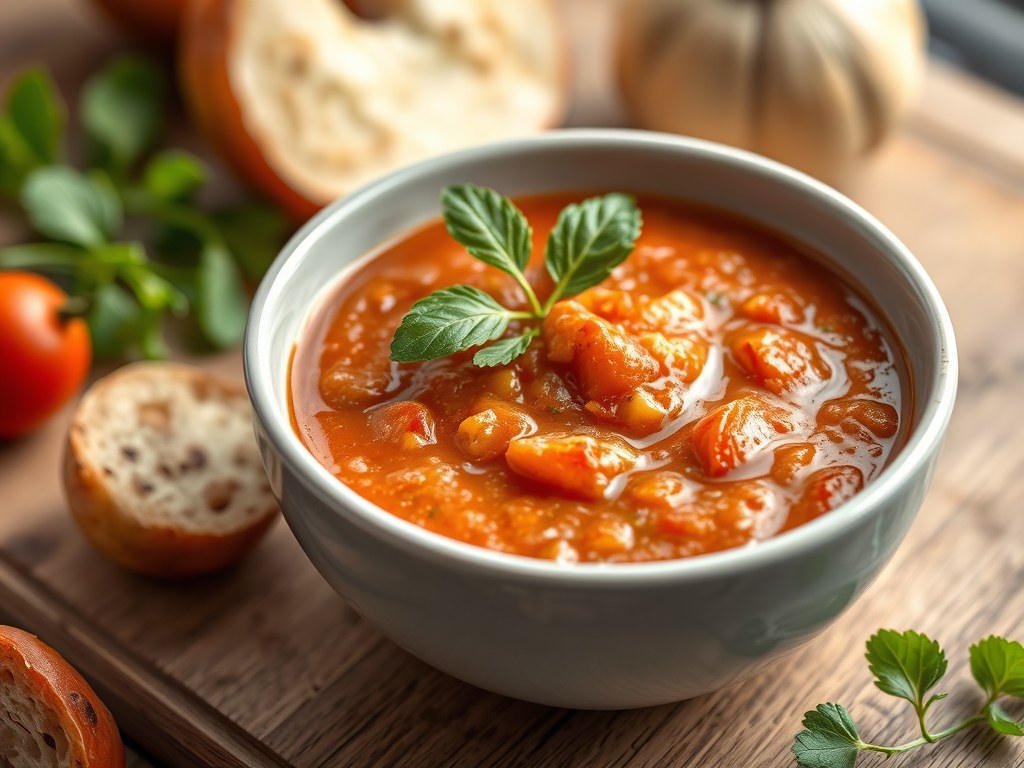 Gazpacho met gegrilde paprika, AI-gegenereerde illustratie