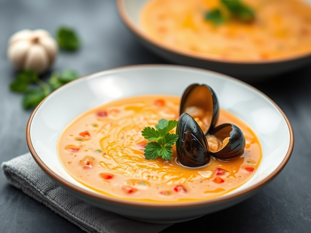 Gazpacho met mosselen, AI-gegenereerde illustratie