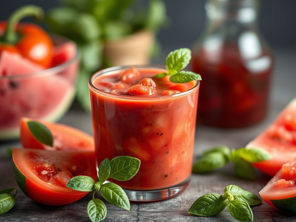 Gazpacho met watermeloen, AI-gegenereerde illustratie