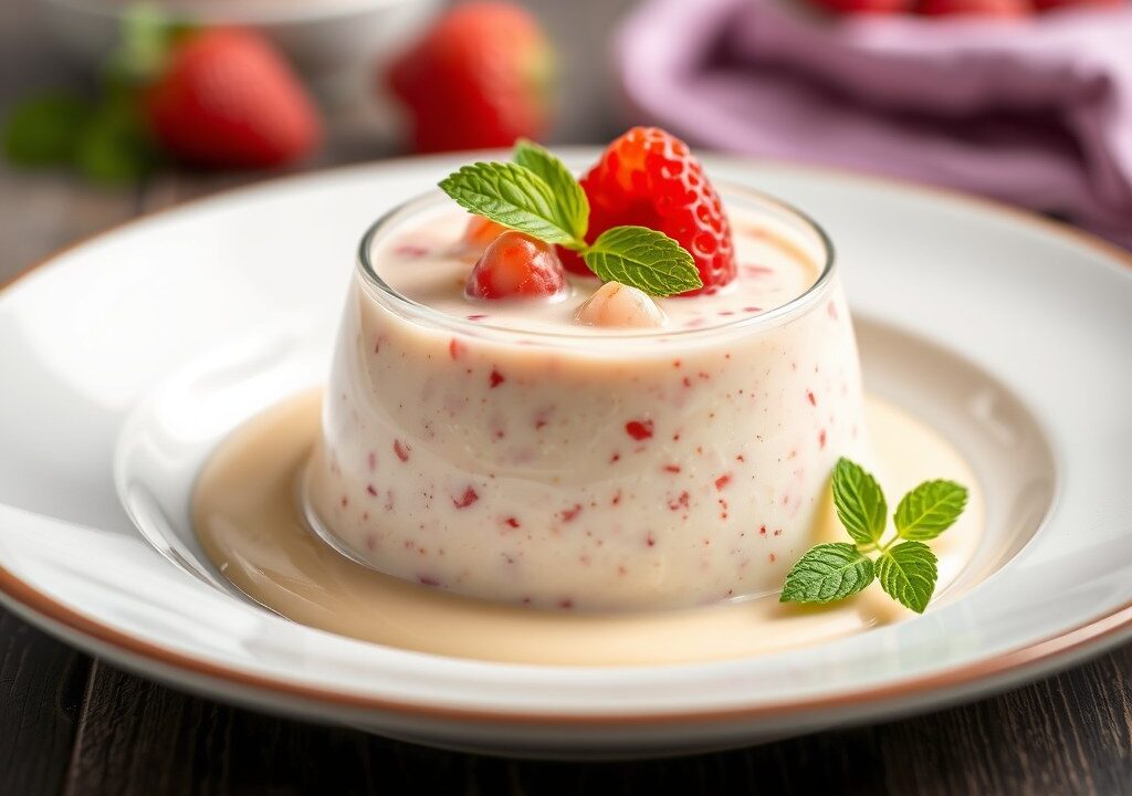 Gazpacho van witte chocolade en kokosnoot, frambozensorbet — AI-gegenereerde illustratie