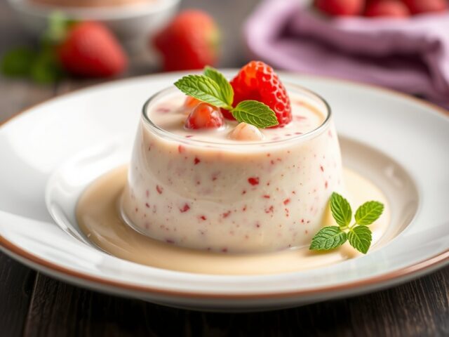 Gazpacho van witte chocolade en kokosnoot, frambozensorbet — AI-gegenereerde illustratie