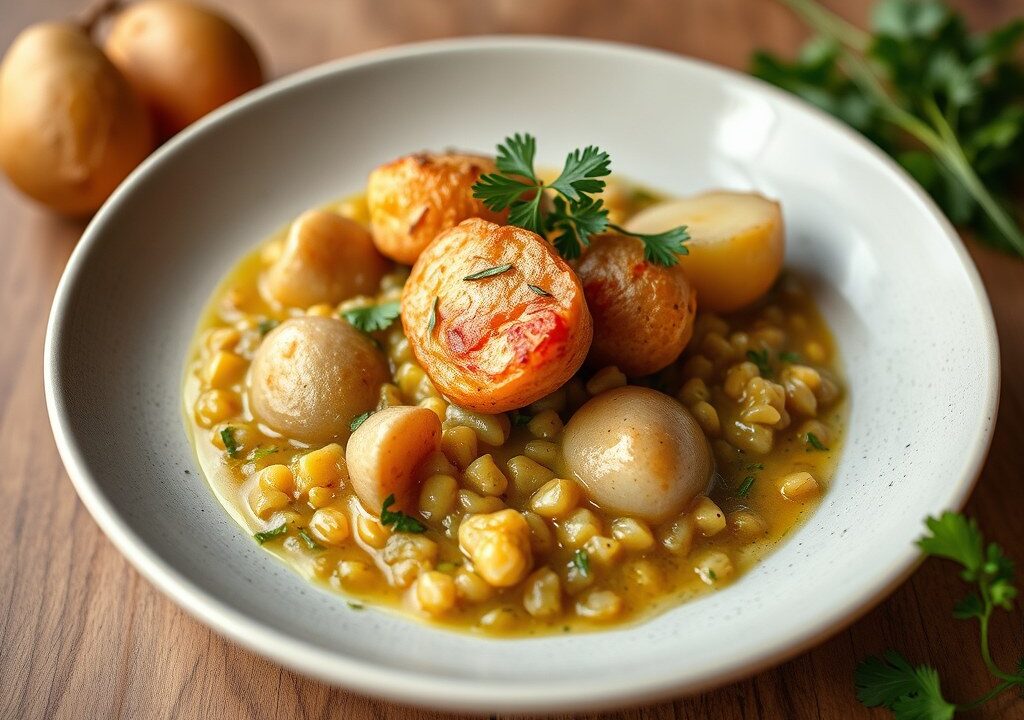 Gebakje van rog met kruidenpuree, AI-gegenereerde illustratie