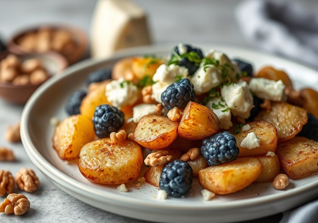 Gebakken aardappelen met blauwe kaas — AI-gegenereerde illustratie