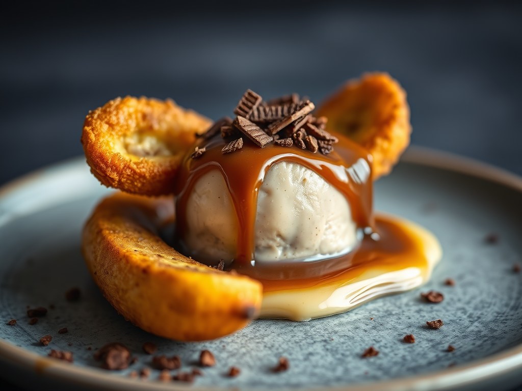 Gebakken banaan en chocoladepanna cotta met pinda en boterkaramel, AI-gegenereerde illustratie