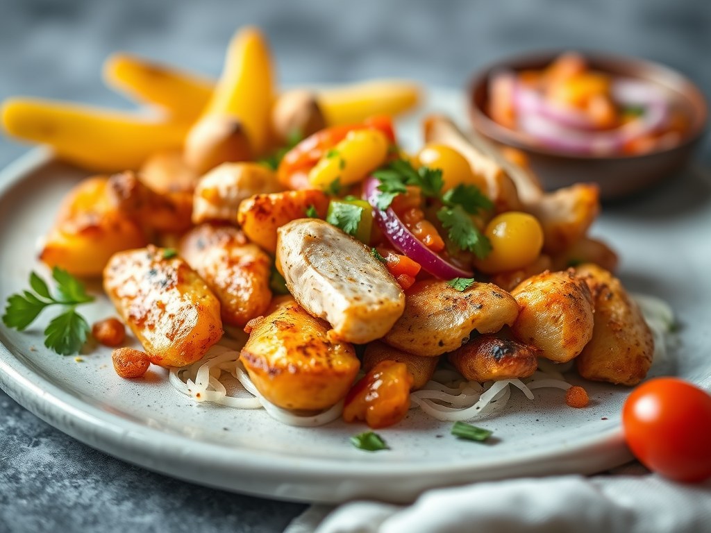 Gebakken cajunaardappelen met kip en ananassalsa, AI-gegenereerde illustratie