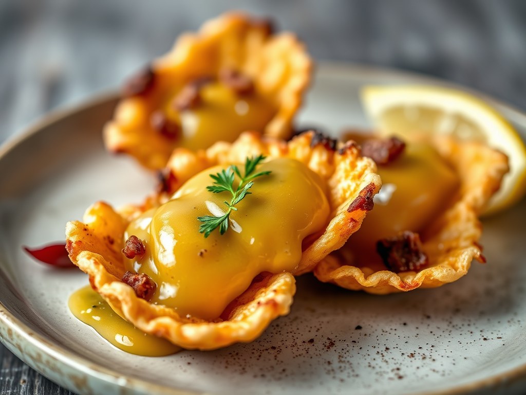 Gebakken Coquilles met Bacon Marmelade en Wortelcrême, AI-gegenereerde illustratie