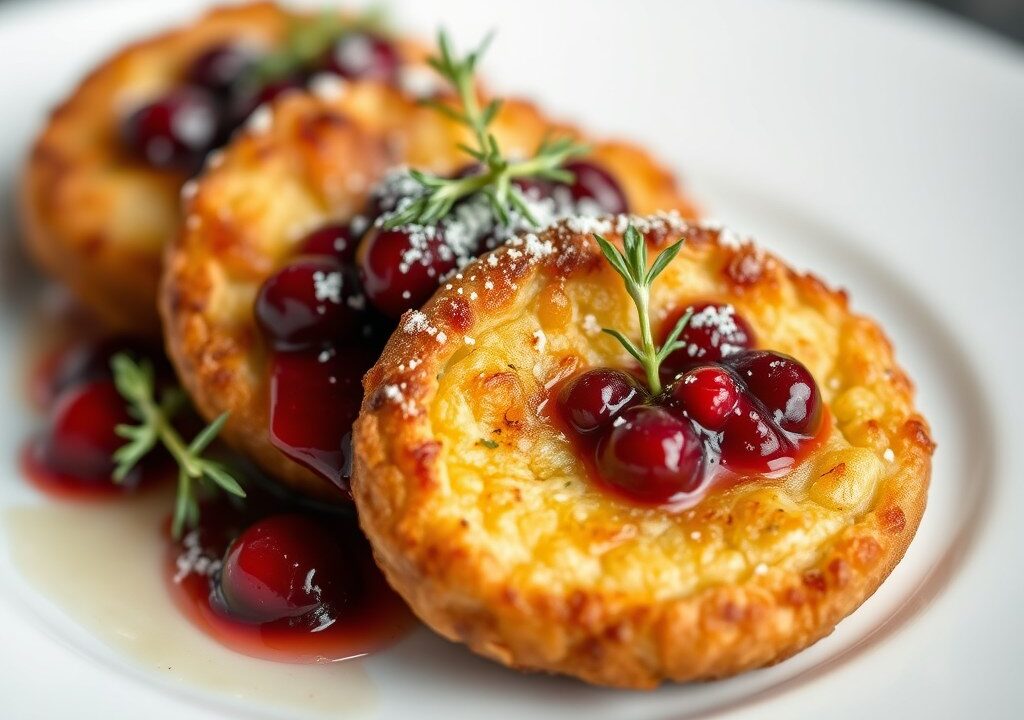 Gebakken eendenborst met appel-cranberrycompote, zwarte peper en citroentijm — AI-gegenereerde illustratie
