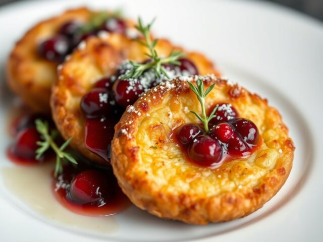 Gebakken eendenborst met appel-cranberrycompote, zwarte peper en citroentijm — AI-gegenereerde illustratie