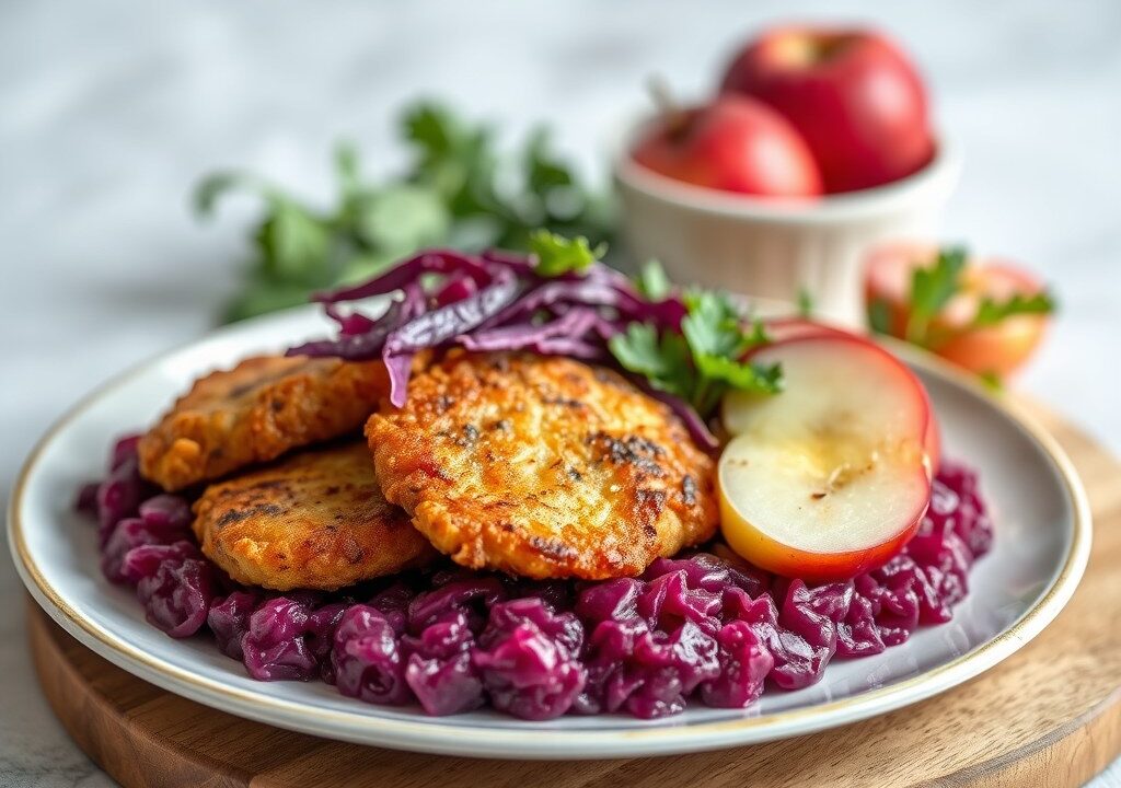 Gebakken ganzenlever met rode kool puree, AI-gegenereerde illustratie