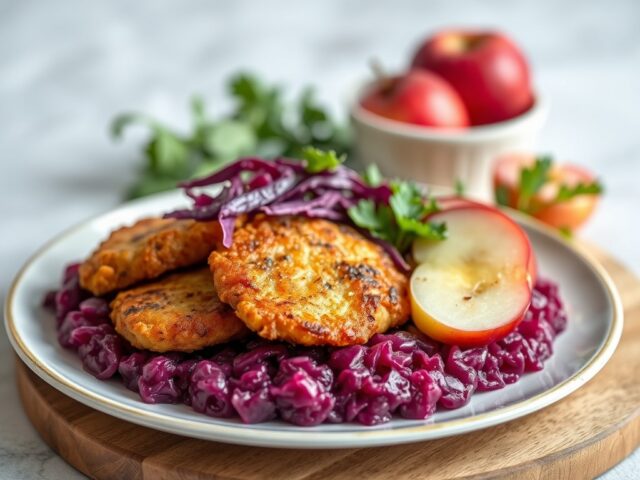 Gebakken ganzenlever met rode kool puree — AI-gegenereerde illustratie
