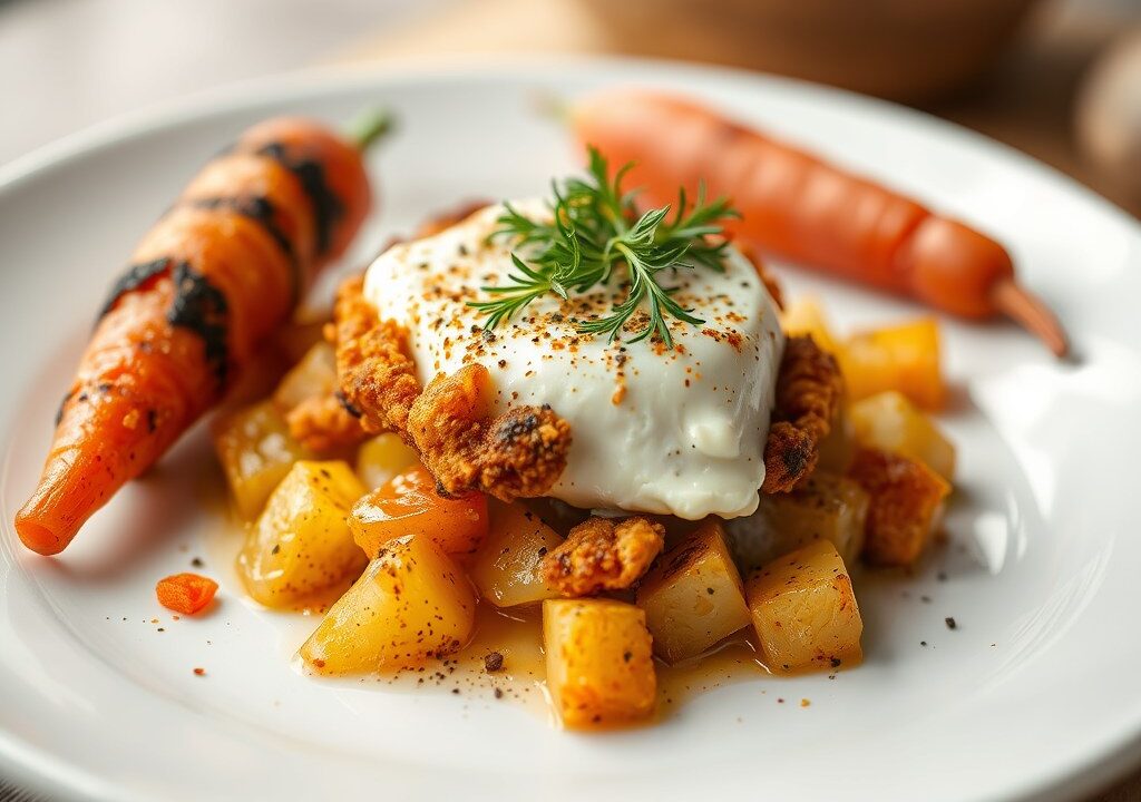 Gebakken geitenkaas met aardappel en groentenkrans — AI-gegenereerde illustratie