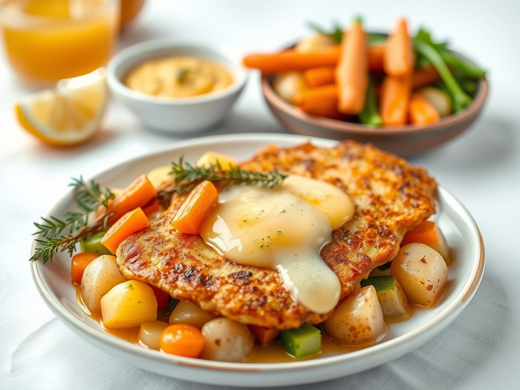 Gebakken grietfilet met groentemix en citroensap, AI-gegenereerde illustratie