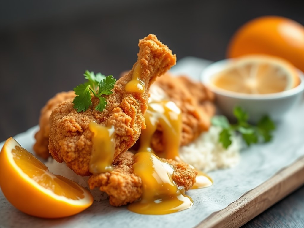 Gebakken Kip met een Pittige Citrus Saus, AI-gegenereerde illustratie