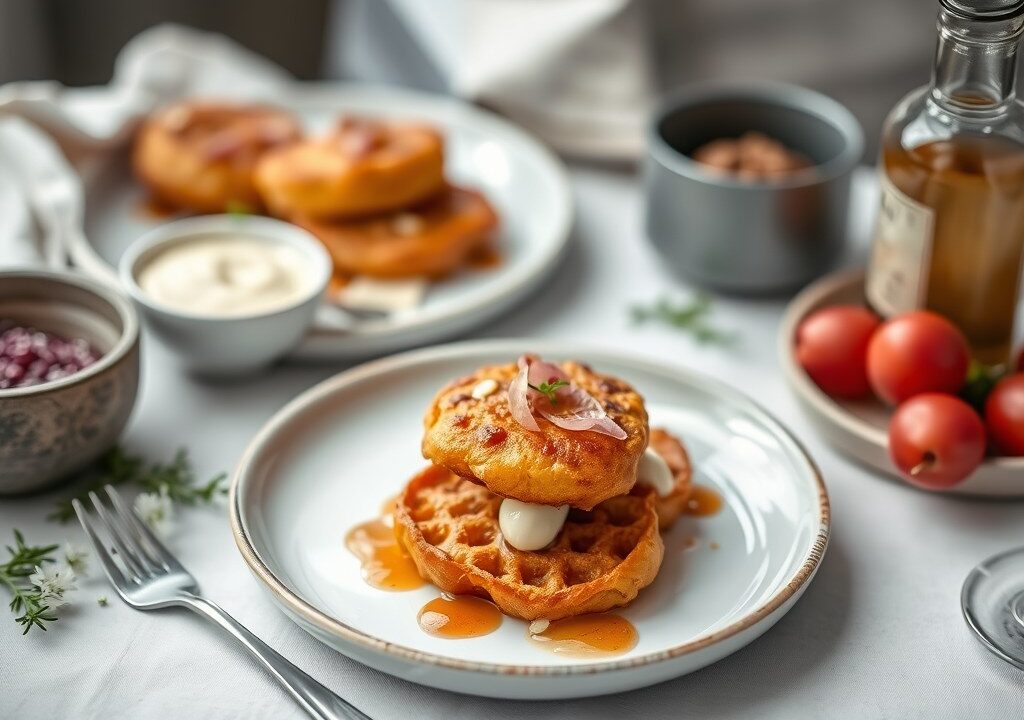 Gebakken kippenlevertjes met ui, rozijnen en sherry, AI-gegenereerde illustratie