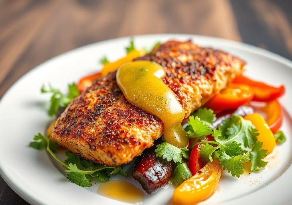 Gebakken konijnenfilet met lauwe salade van gegrilde groenten en citroenvinaigrette — AI-gegenereerde illustratie
