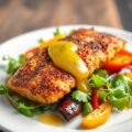 Gebakken konijnenfilet met lauwe salade van gegrilde groenten en citroenvinaigrette