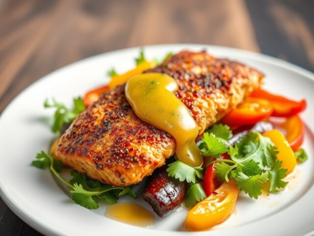 Gebakken konijnenfilet met lauwe salade van gegrilde groenten en citroenvinaigrette — AI-gegenereerde illustratie