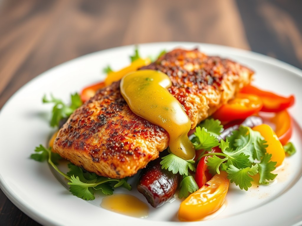 Gebakken konijnenfilet met lauwe salade van gegrilde groenten en citroenvinaigrette, AI-gegenereerde illustratie