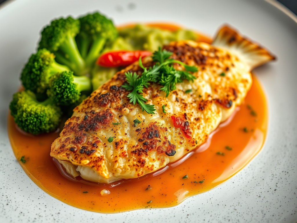 Gebakken koolvis met paprikacoulis en broccolipuree, AI-gegenereerde illustratie