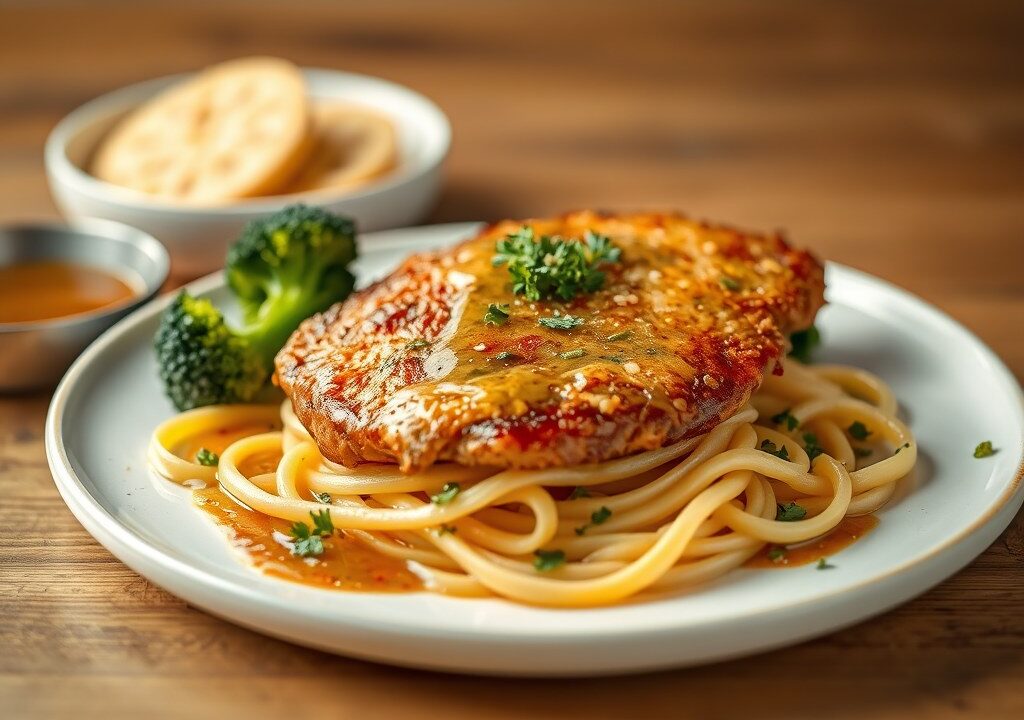 Gebakken lamsfilet met groentespiesjes en een saus van cassisbessen — AI-gegenereerde illustratie