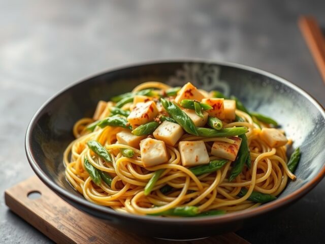 Gebakken noedels met groene asperges — AI-gegenereerde illustratie
