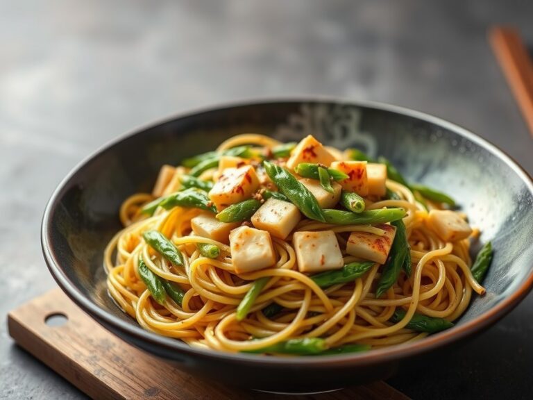 Gebakken noedels met groene asperges — AI-gegenereerde illustratie