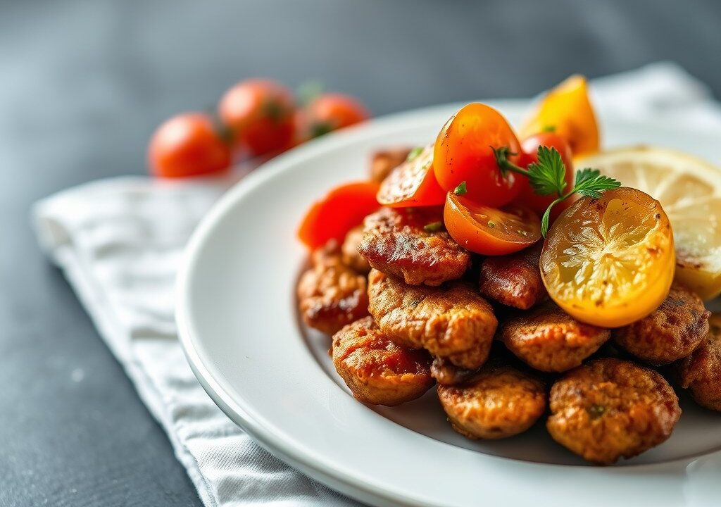 Gebakken Noordzeetong met handgesneden frietjes, tomaat en jonge slablaadjes — AI-gegenereerde illustratie