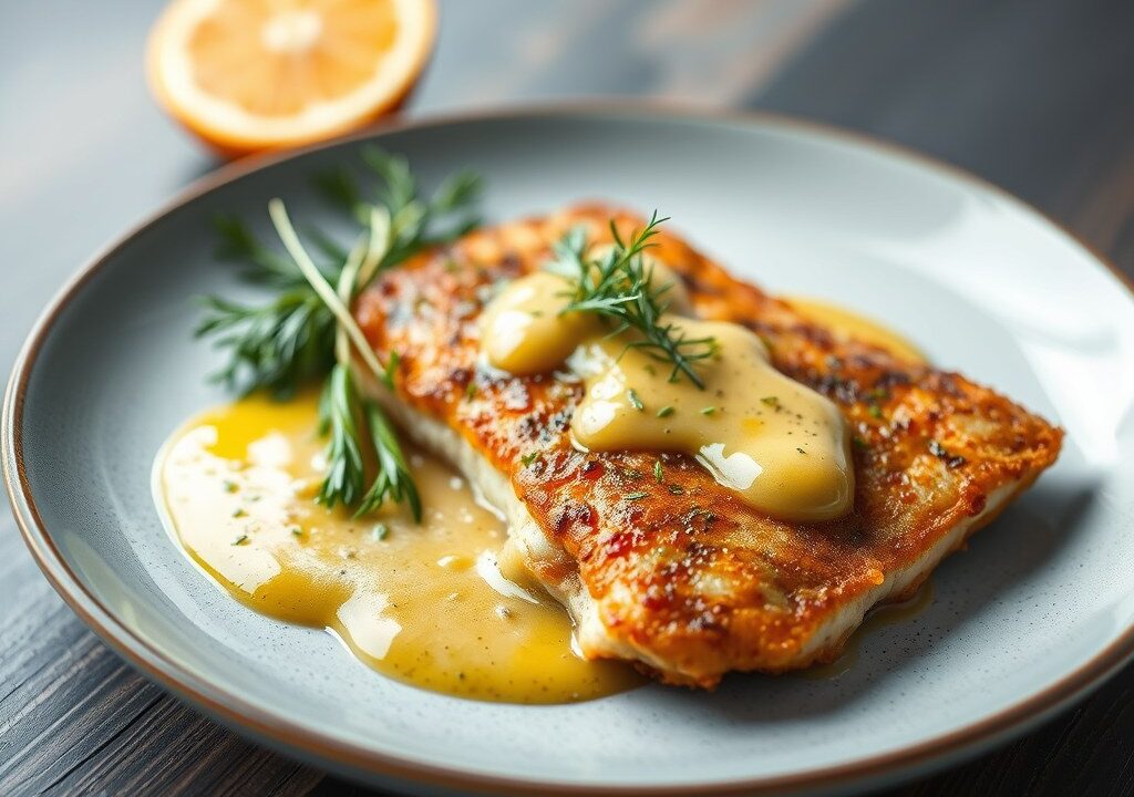 Gebakken pangasiusfilet met mosterd-sinaasappelsaus — AI-gegenereerde illustratie
