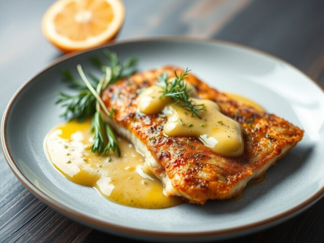 Gebakken pangasiusfilet met mosterd-sinaasappelsaus — AI-gegenereerde illustratie