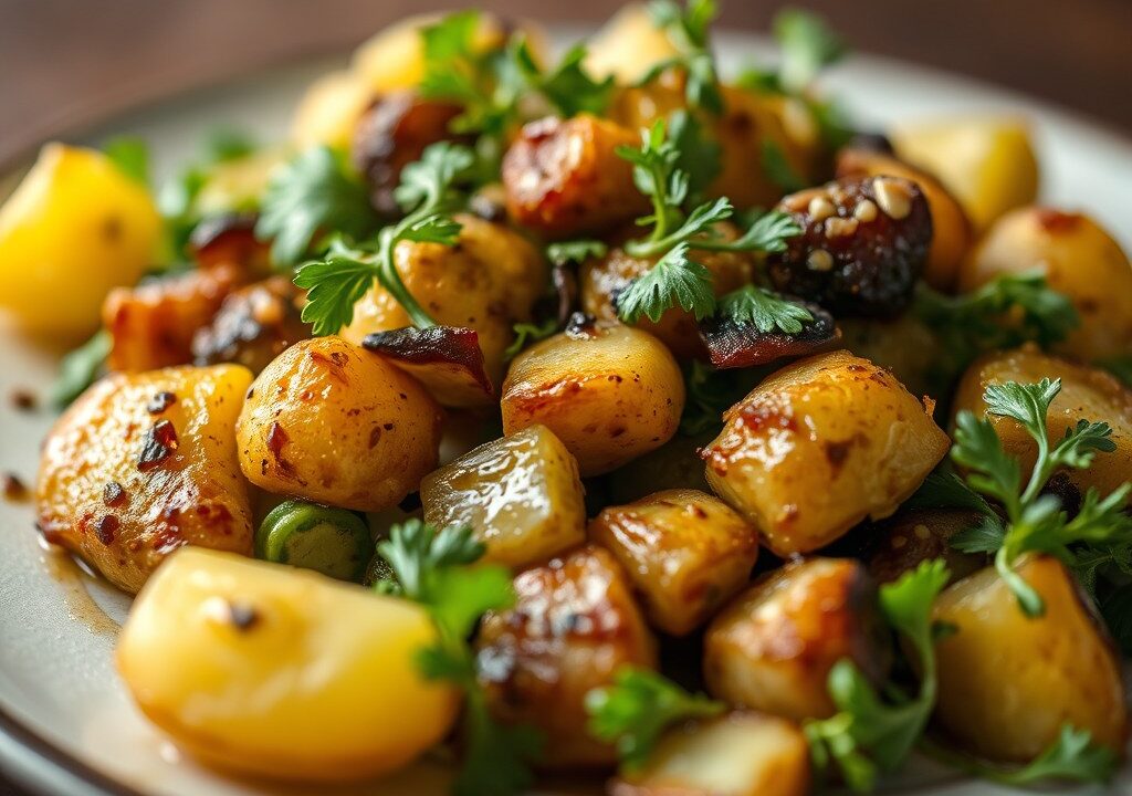 Gebakken pladijs gevuld met fijne groentjes en een slaatje van lamsoor met vinaigrette — AI-gegenereerde illustratie