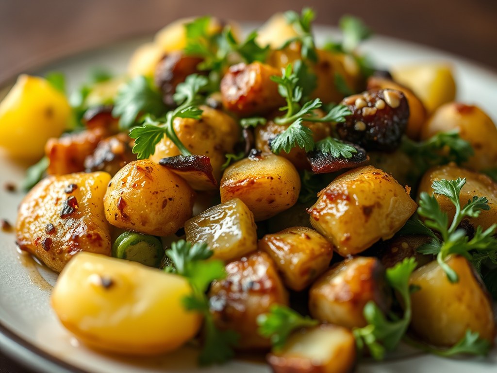 Gebakken pladijs gevuld met fijne groentjes en een slaatje van lamsoor met vinaigrette, AI-gegenereerde illustratie