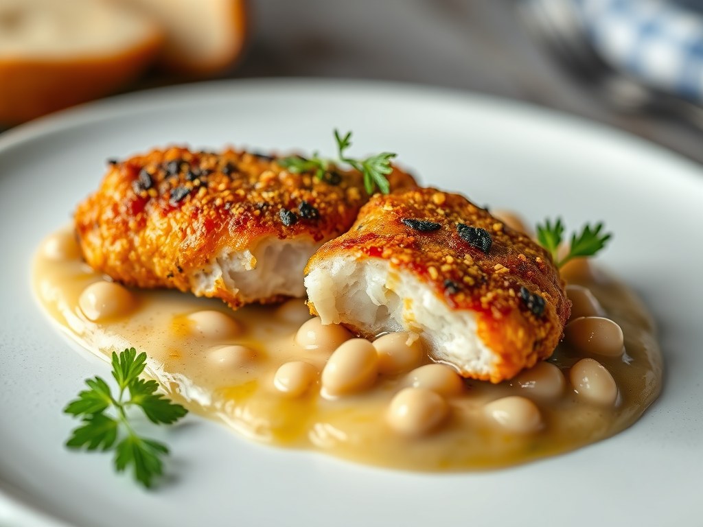 Gebakken pollak met tapenade van witte bonen, truffelaroma en zachte kriekensaus, AI-gegenereerde illustratie
