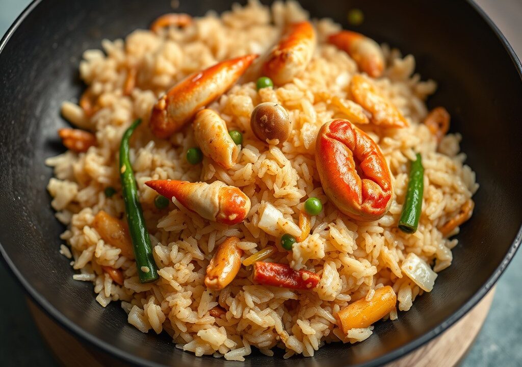 Gebakken RIJST met Crab en Chinese Worstjes, AI-gegenereerde illustratie
