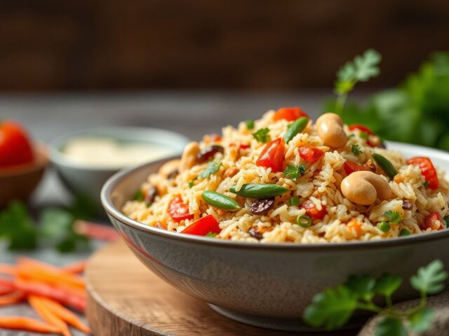 Gebakken rijst met groenten en cashewnoten — AI-gegenereerde illustratie