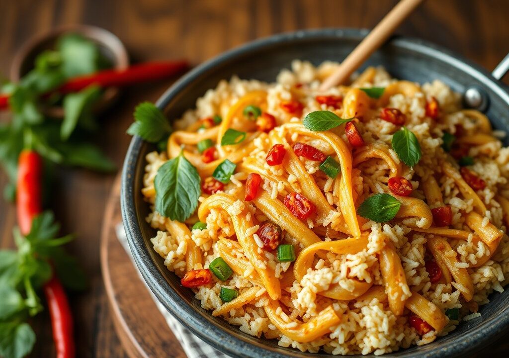 Gebakken rijst met Thaise chili pasta, AI-gegenereerde illustratie