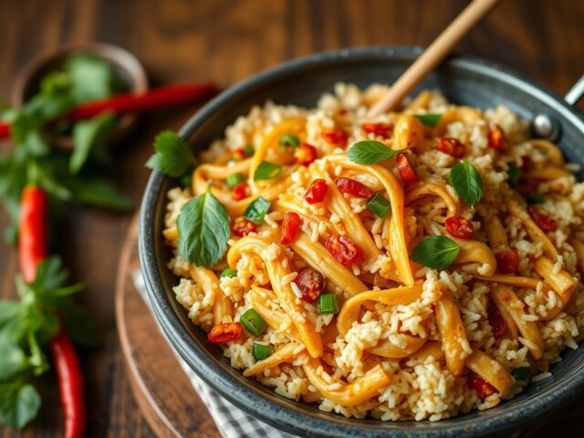 Gebakken rijst met Thaise chili pasta — AI-gegenereerde illustratie