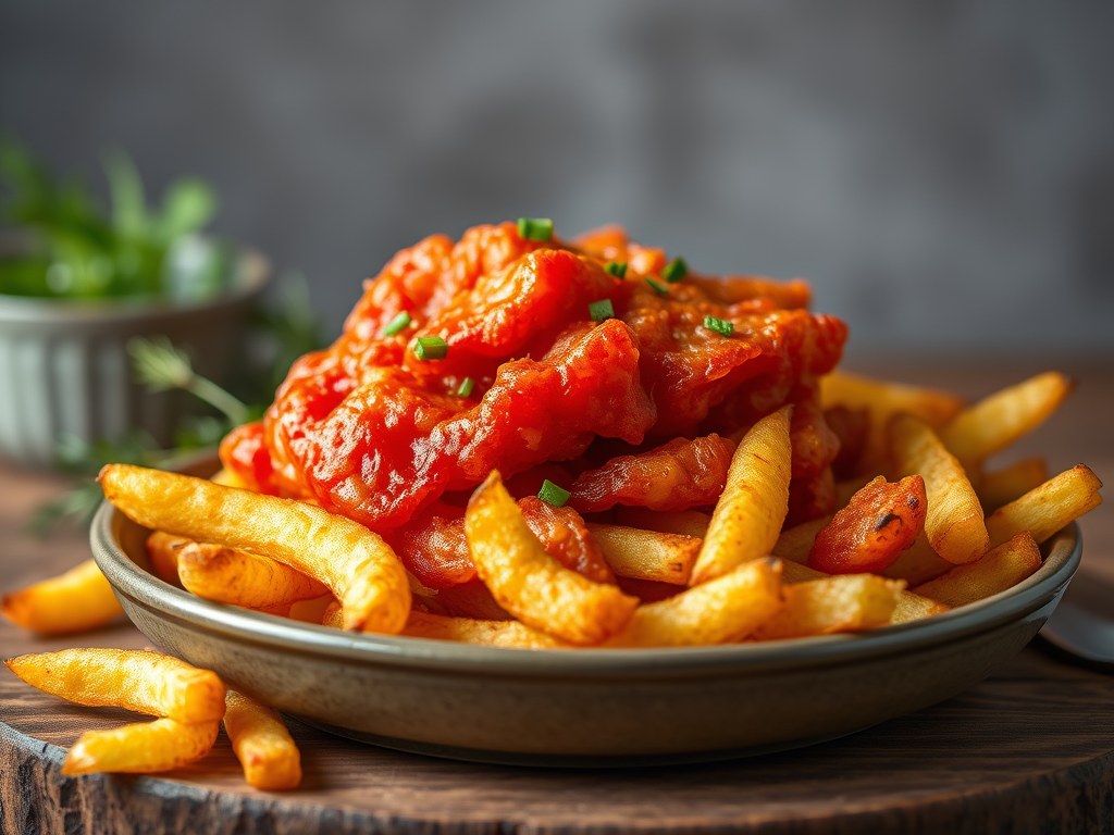 Gebakken rode poon met lopende bouillonaardappel, chips van gefrituurde groenten en zilveruitjes, AI-gegenereerde illustratie